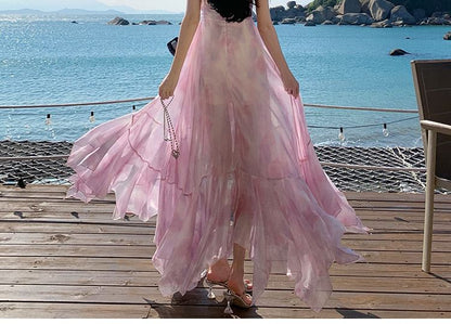 Asymmetrical Tie-Dyed Ruffled Slit Midi Sundress V-Neck