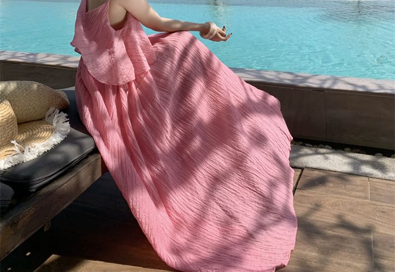 Plain Shirred Ruffled Midi Sundress with Spaghetti Straps