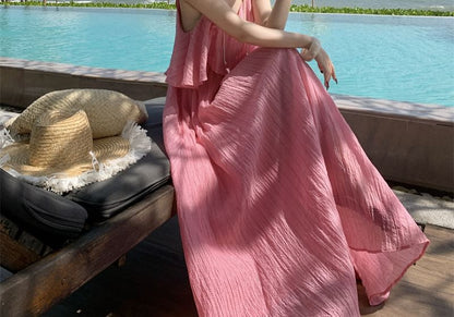 Plain Shirred Ruffled Midi Sundress with Spaghetti Straps