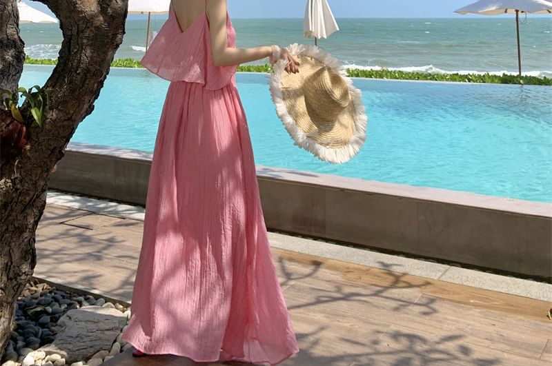 Plain Shirred Ruffled Midi Sundress with Spaghetti Straps
