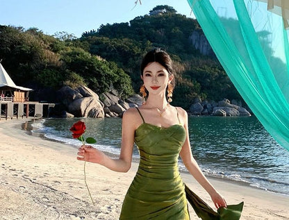 Ruffle Hem Shirred Midi Layered Mermaid Dress