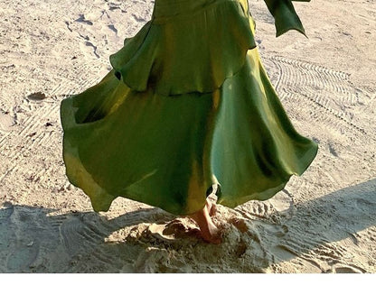 Ruffle Hem Shirred Midi Layered Mermaid Dress