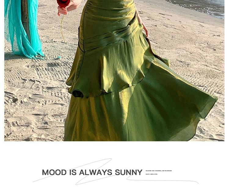 Ruffle Hem Shirred Midi Layered Mermaid Dress