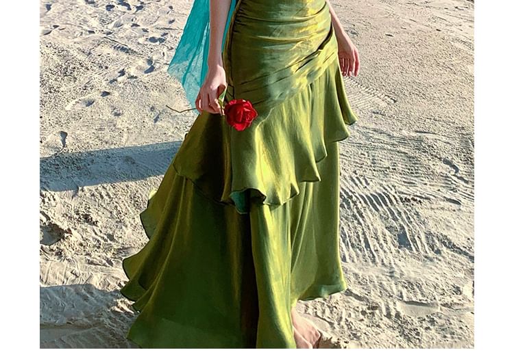 Ruffle Hem Shirred Midi Layered Mermaid Dress