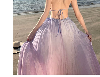 Two-Tone Wrap Accordion Pleat Maxi Sundress