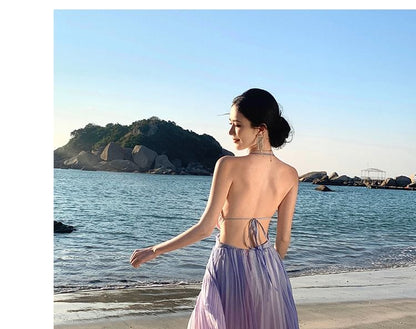 Two-Tone Wrap Accordion Pleat Maxi Sundress