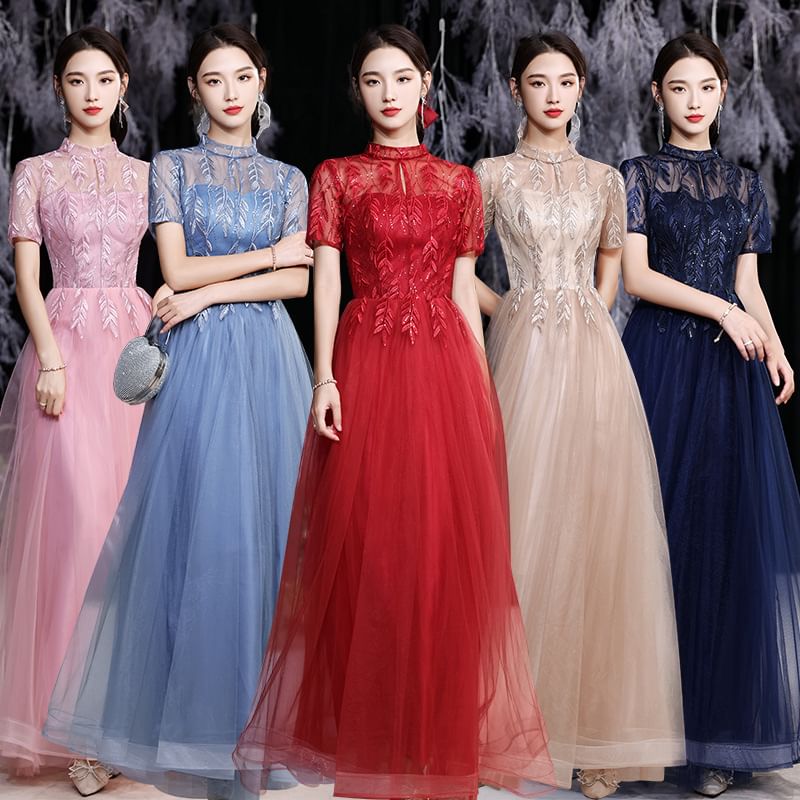 Short-Sleeve Mock Neck Sequin Mesh Overlay Maxi A-Line Evening Dress