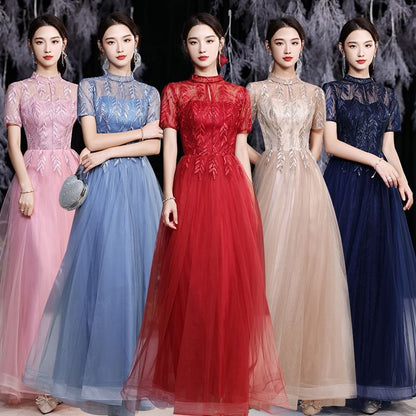 Short-Sleeve Mock Neck Sequin Mesh Overlay Maxi A-Line Evening Dress