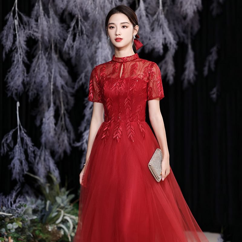 Short-Sleeve Mock Neck Sequin Mesh Overlay Maxi A-Line Evening Dress