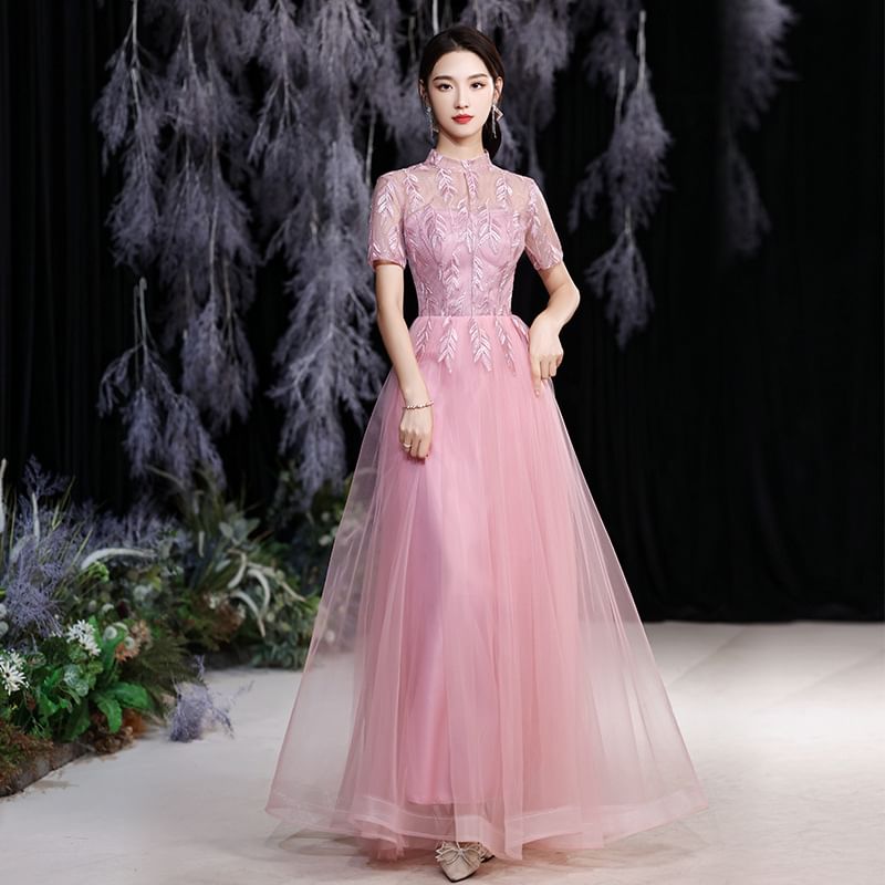 Short-Sleeve Mock Neck Sequin Mesh Overlay Maxi A-Line Evening Dress