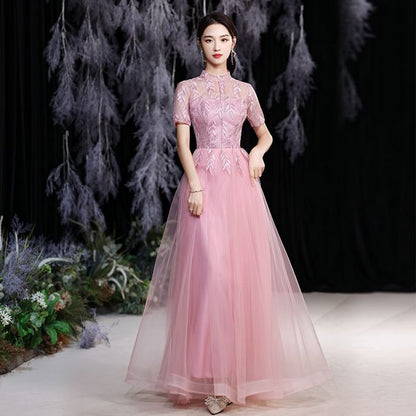 Short-Sleeve Mock Neck Sequin Mesh Overlay Maxi A-Line Evening Dress