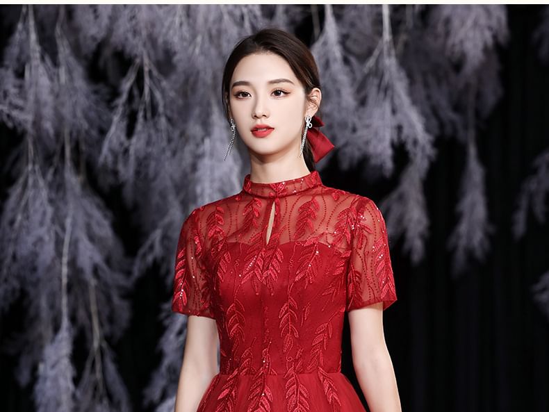 Short-Sleeve Mock Neck Sequin Mesh Overlay Maxi A-Line Evening Dress