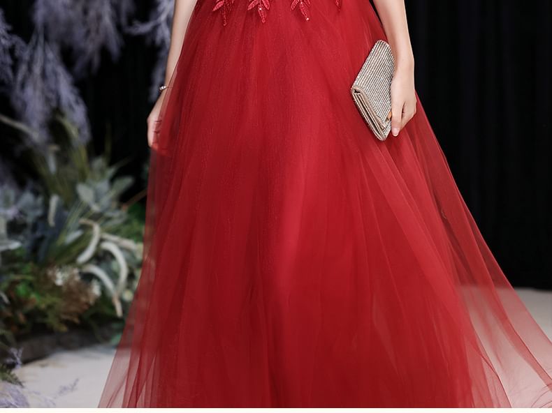 Short-Sleeve Mock Neck Sequin Mesh Overlay Maxi A-Line Evening Dress