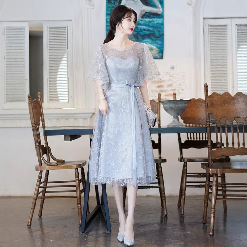 Short-Sleeve Round Neck Mesh Overlay Bow Midi A-Line Evening Dress