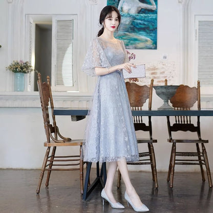 Short-Sleeve Round Neck Mesh Overlay Bow Midi A-Line Evening Dress