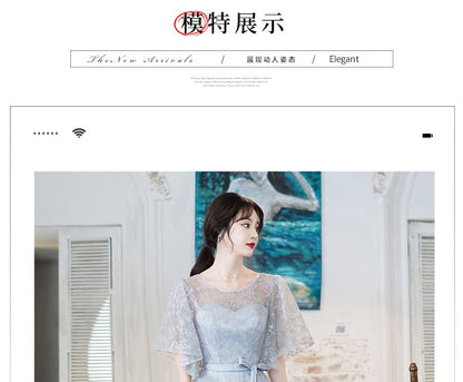 Short-Sleeve Round Neck Mesh Overlay Bow Midi A-Line Evening Dress