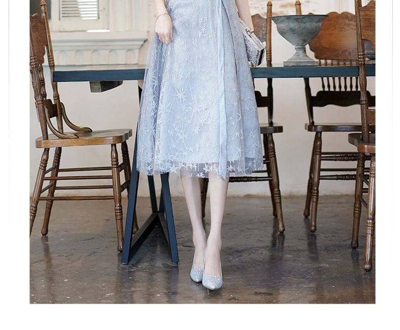 Short-Sleeve Round Neck Mesh Overlay Bow Midi A-Line Evening Dress