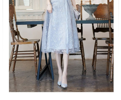 Short-Sleeve Round Neck Mesh Overlay Bow Midi A-Line Evening Dress