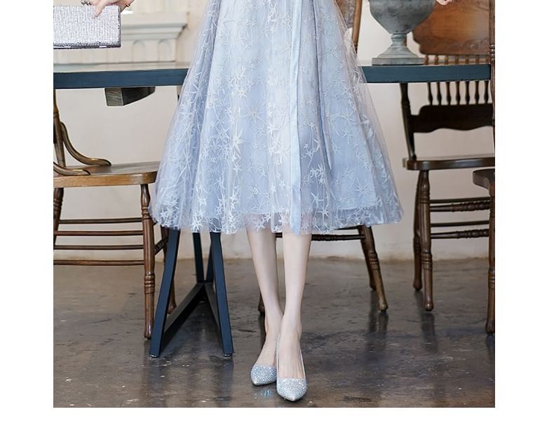 Short-Sleeve Round Neck Mesh Overlay Bow Midi A-Line Evening Dress