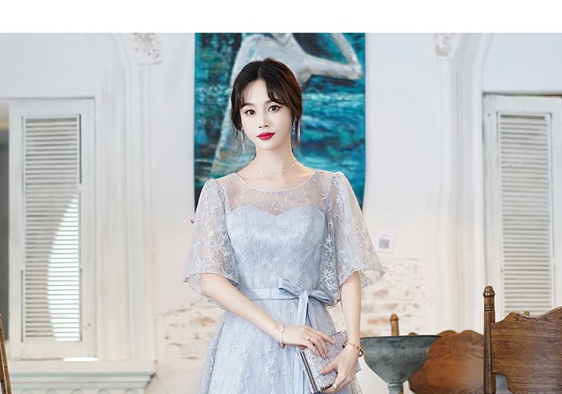 Short-Sleeve Round Neck Mesh Overlay Bow Midi A-Line Evening Dress