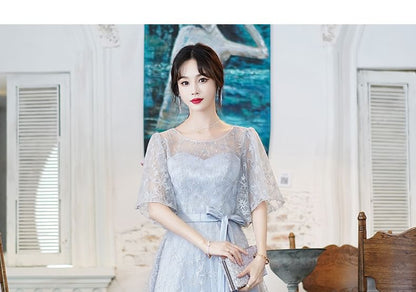 Short-Sleeve Round Neck Mesh Overlay Bow Midi A-Line Evening Dress