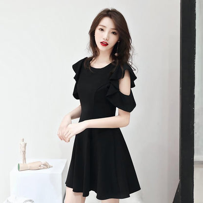 Short-Sleeve Round Neck Plain Cutout Mini A-Line Cocktail Dress