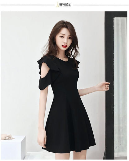 Short-Sleeve Round Neck Plain Cutout Mini A-Line Cocktail Dress