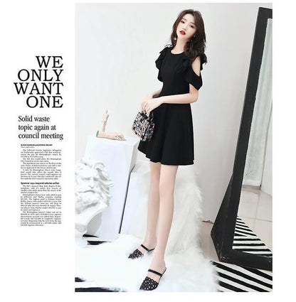 Short-Sleeve Round Neck Plain Cutout Mini A-Line Cocktail Dress