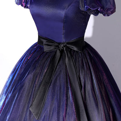 Short-Sleeve Ball Gown Bow Overlay Mesh