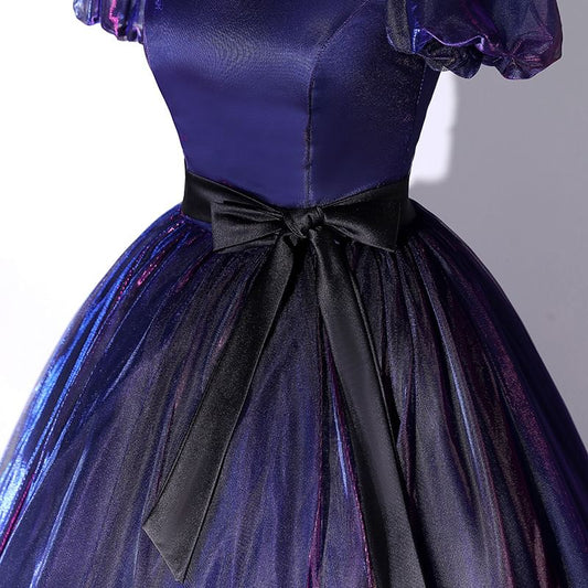 Short-Sleeve Bow Mesh Overlay Ball Gown