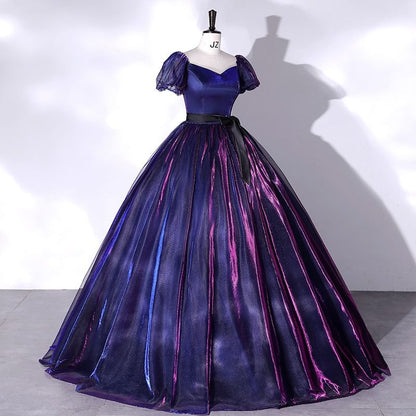 Short-Sleeve Ball Gown Bow Overlay Mesh