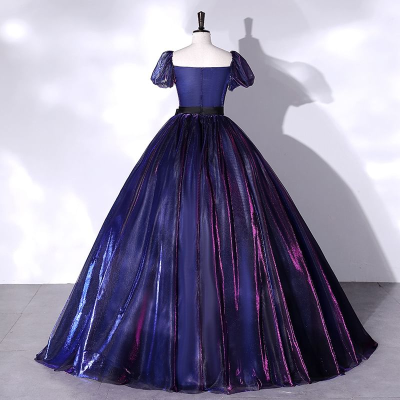 Short-Sleeve Bow Mesh Overlay Ball Gown