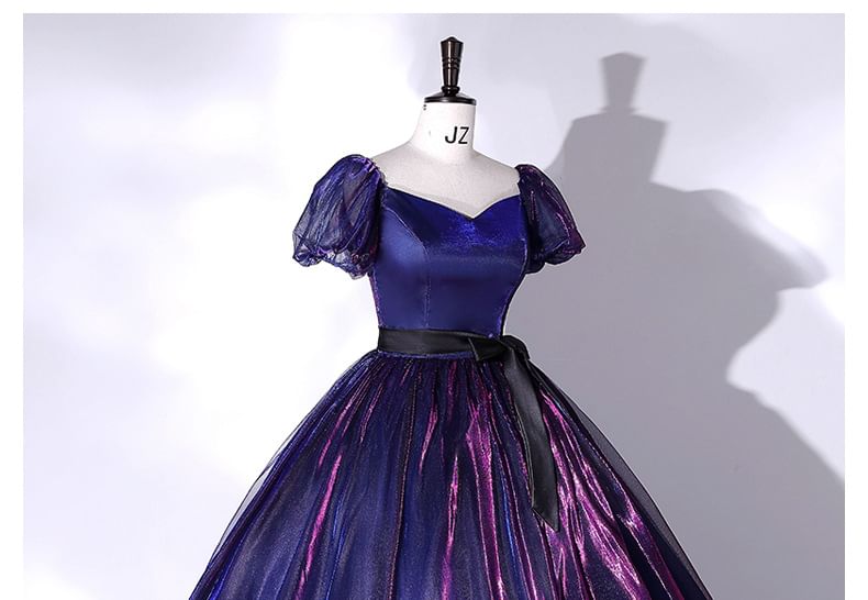 Short-Sleeve Ball Gown Bow Overlay Mesh