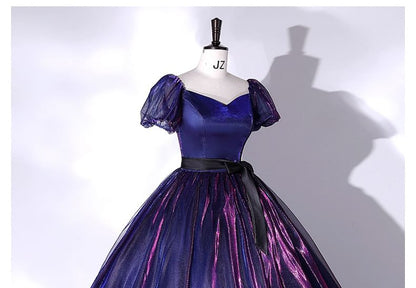 Short-Sleeve Bow Mesh Overlay Ball Gown