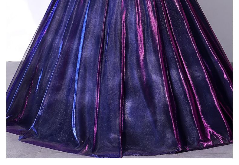 Short-Sleeve Ball Gown Bow Overlay Mesh