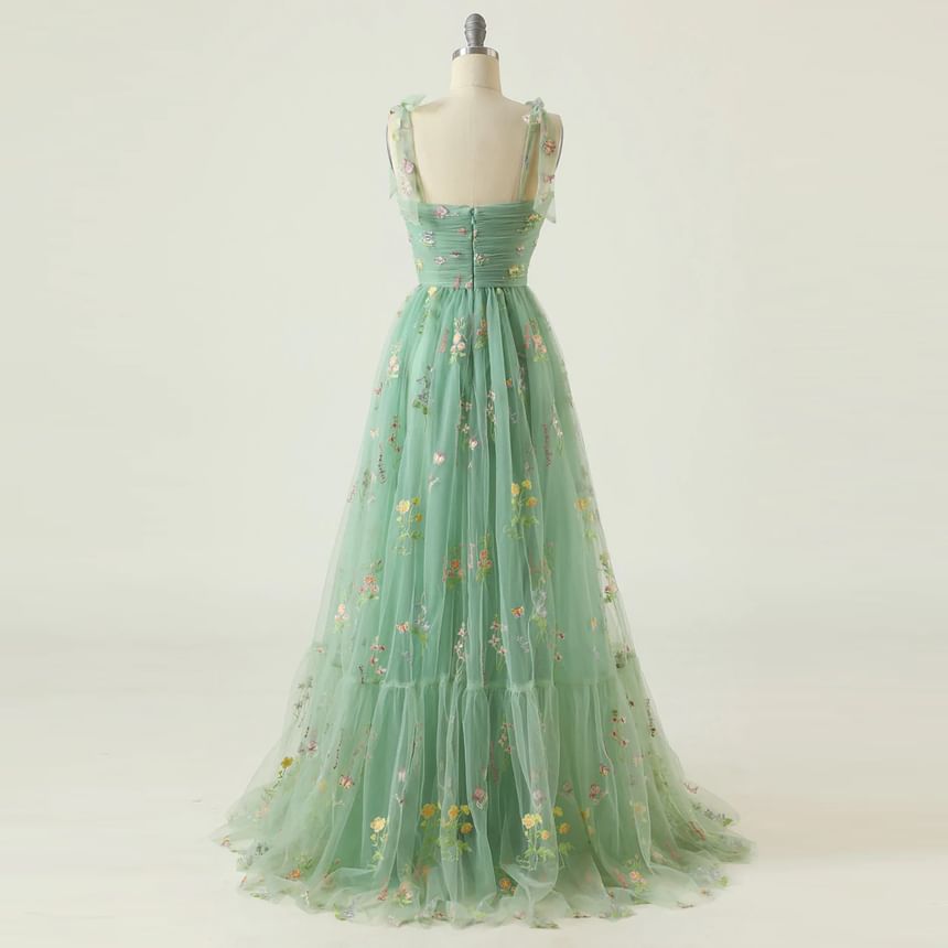 Spaghetti Evening Mesh Gown A-Line Embroidered Floral Strap