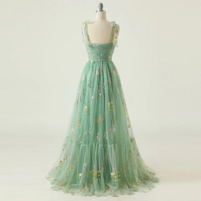 Spaghetti Evening Mesh Gown A-Line Embroidered Floral Strap