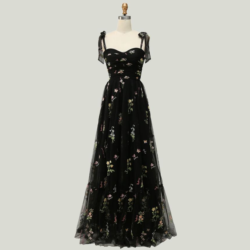 Spaghetti Evening Mesh Gown A-Line Embroidered Floral Strap