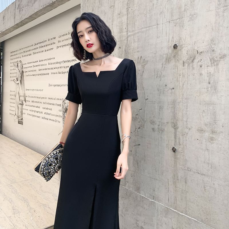 Short-Sleeve Plain Maxi Sheath Evening Dress