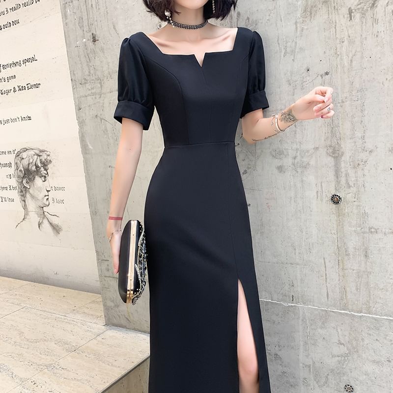 Short-Sleeve Plain Maxi Sheath Evening Dress