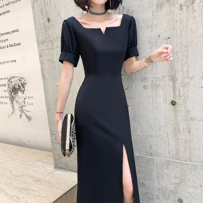 Short-Sleeve Plain Maxi Sheath Evening Dress
