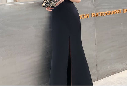 Short-Sleeve Plain Maxi Sheath Evening Dress