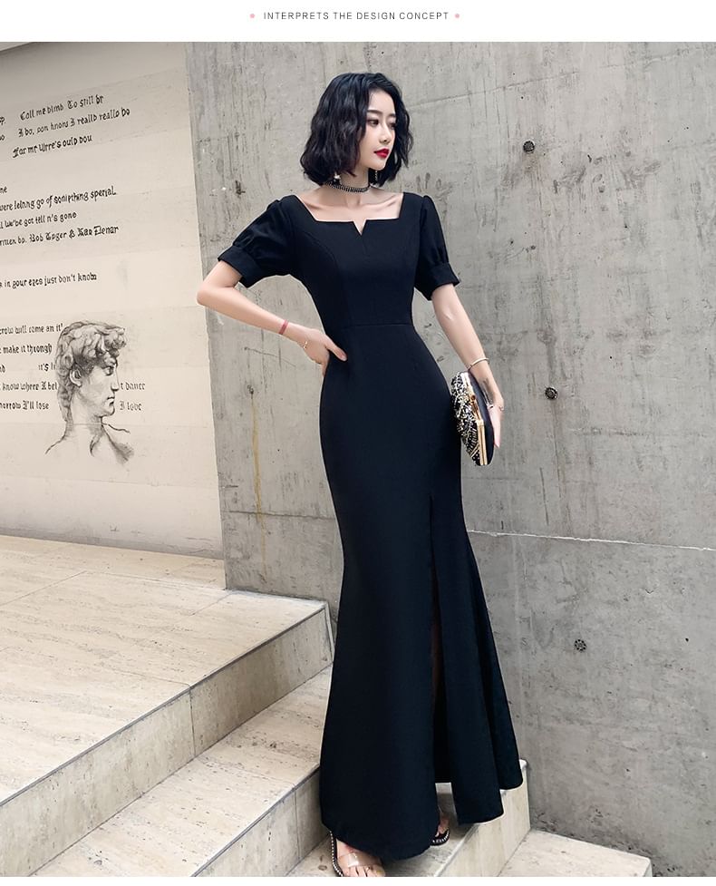 Short-Sleeve Plain Maxi Sheath Evening Dress