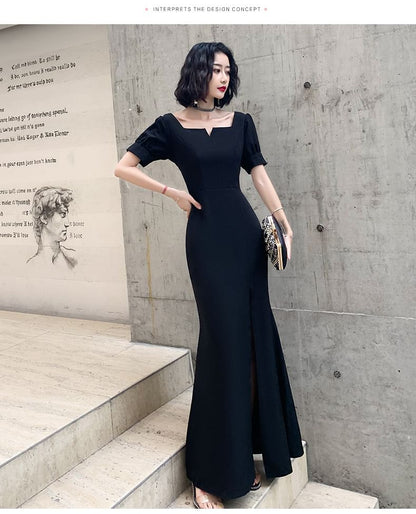 Short-Sleeve Plain Maxi Sheath Evening Dress