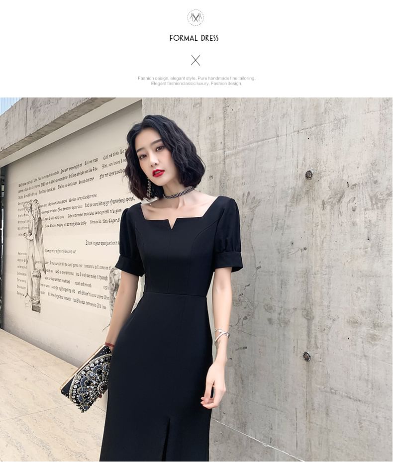 Short-Sleeve Plain Maxi Sheath Evening Dress