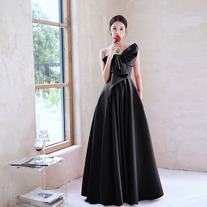 A-Line Evening Sleeveless Gown Bow Plain One-Shoulder