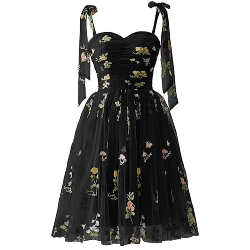 Spaghetti Strap Floral Embroidered Mesh Mini A-Line Cocktail Dress