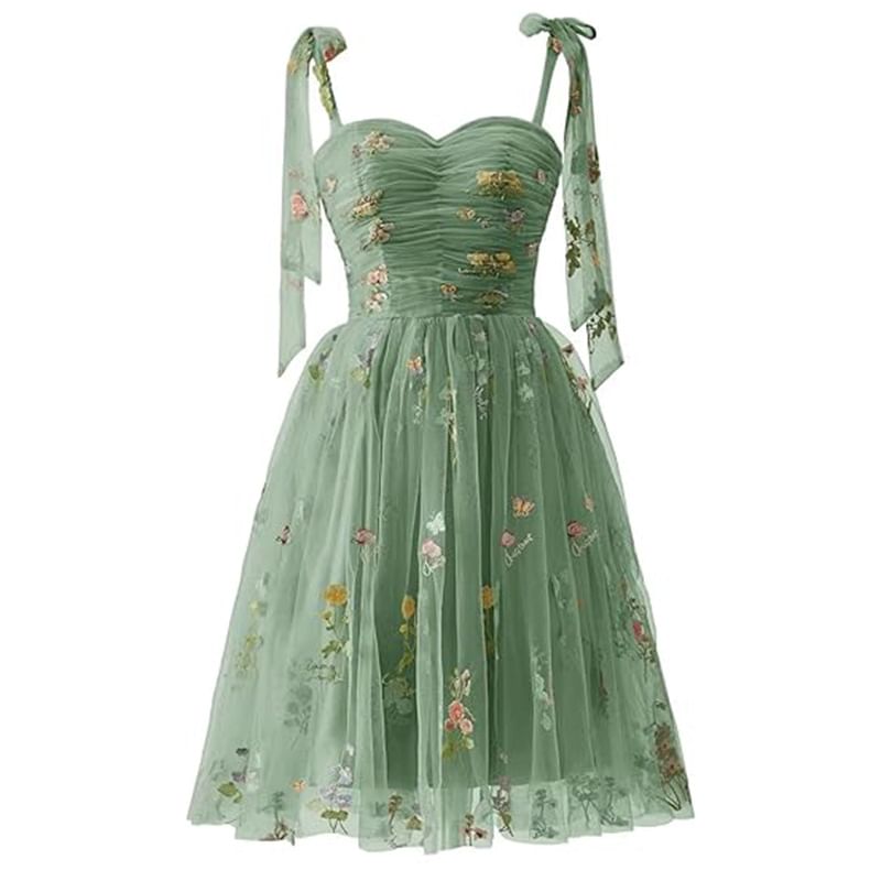 Spaghetti Strap Floral Embroidered Mesh Mini A-Line Cocktail Dress