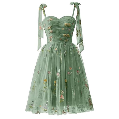 Spaghetti Strap Floral Embroidered Mesh Mini A-Line Cocktail Dress