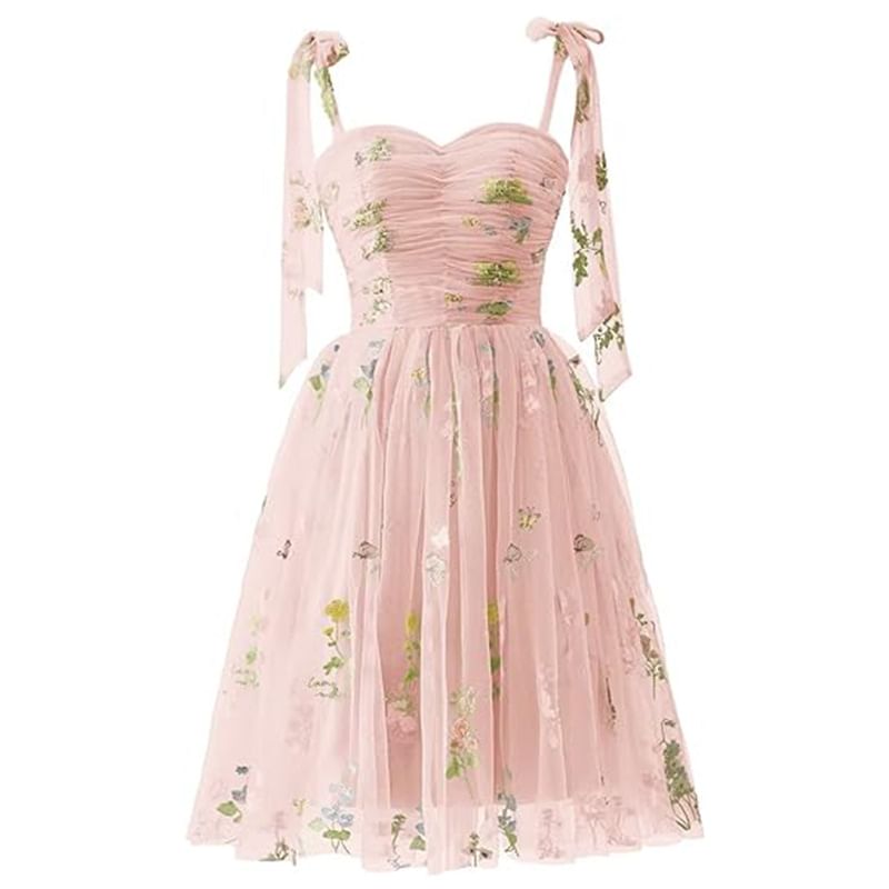 Spaghetti Strap Floral Embroidered Mesh Mini A-Line Cocktail Dress